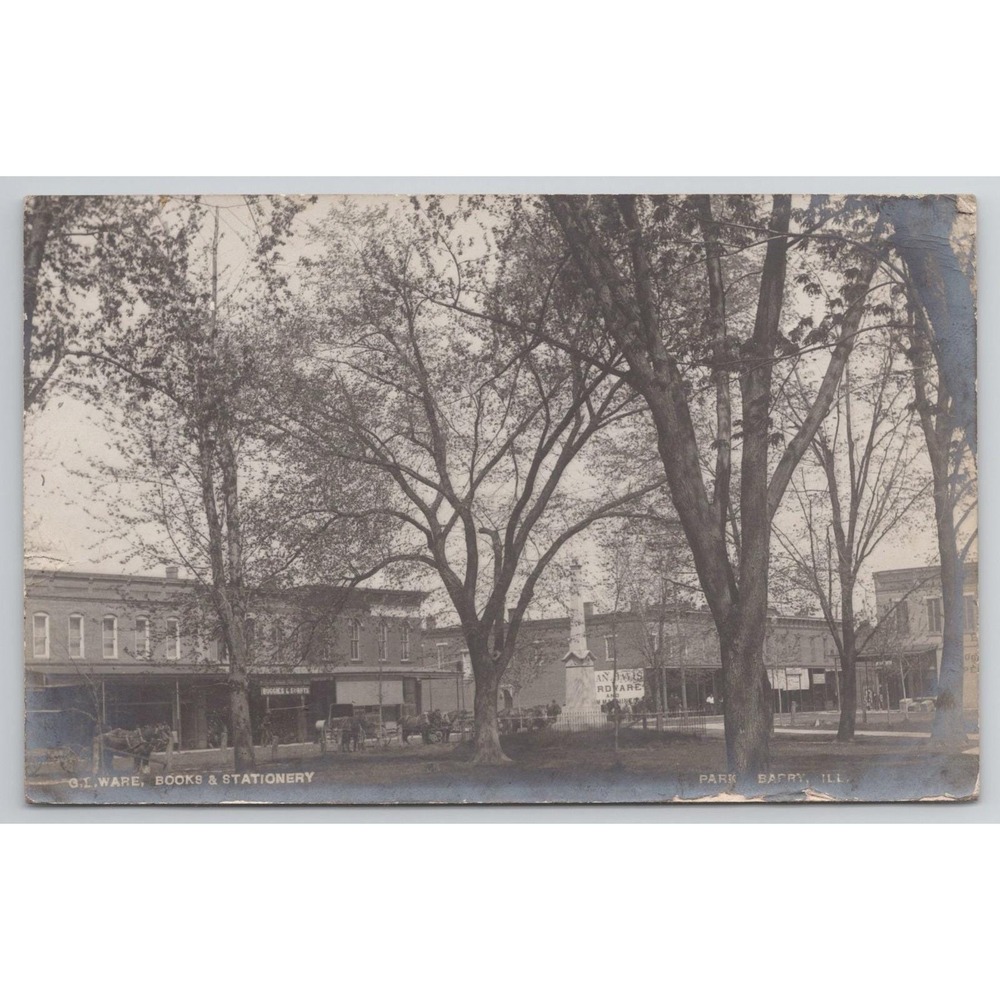 Vintage Barry IL Postcard 1908 Street Scene GI Ware Books Stationery Horses